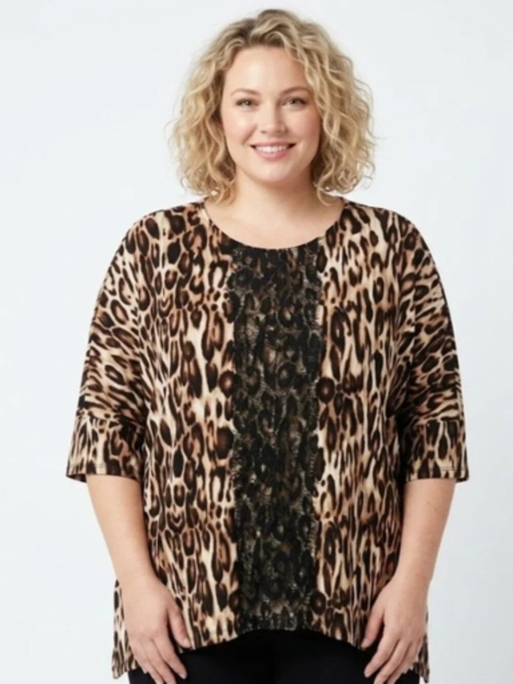 Chico's Leopard Print Black Lace Accent Tunic Top size 2